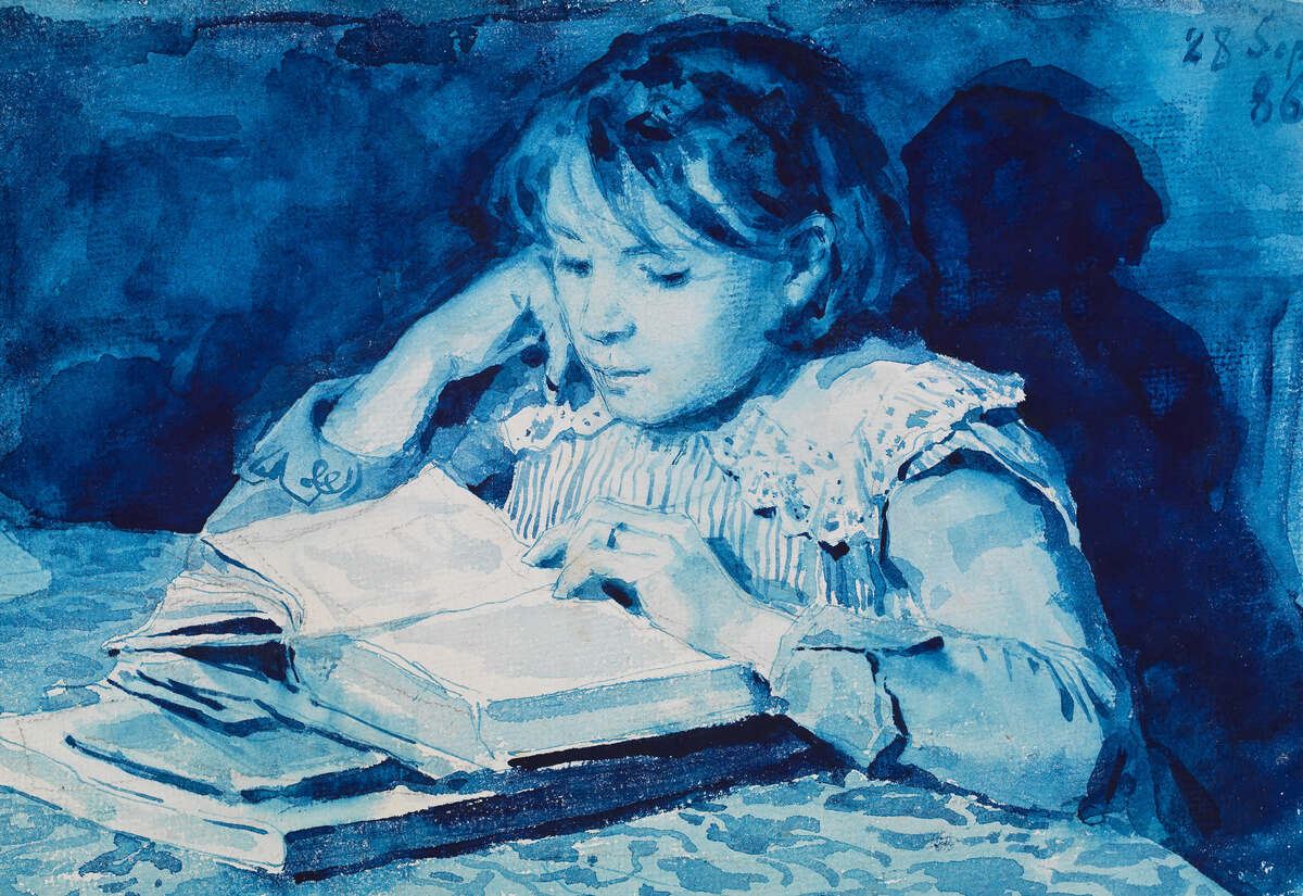 Albert Anker, Cécile Anker, 28. September 1886, Blaue Fayencefarbe auf Papier, 16,9 x 23,3 cm, Centre Albert Anker, Ins Foto: © Kunstmuseum Bern