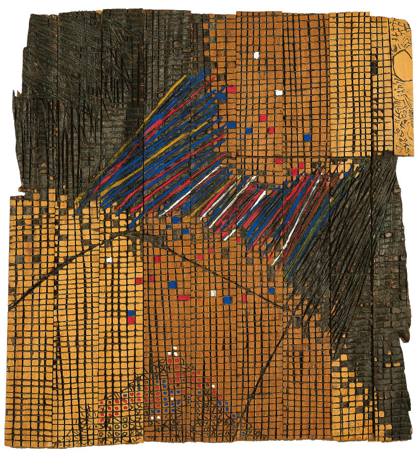 El Anatsui: Earth-Moon Connexions, 1993. Wood, Tempera, 35.4 x 33.2 x 1.2 inches; Collection of the Smithsonian National Museum of African Art, Washington, DC