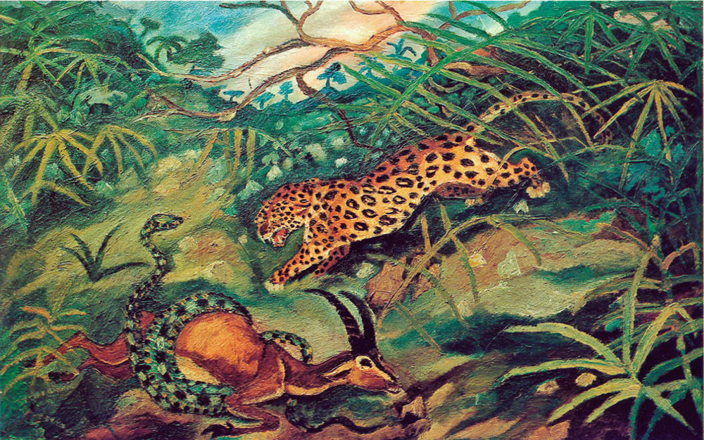 Antonio Ligabue Giaguaro con gazzella e serpente (Jaguar mit Gazelle und Schlange) Undatiert (1948) Öl auf Sperrholz 45 x 71cm Privatsammlung ©