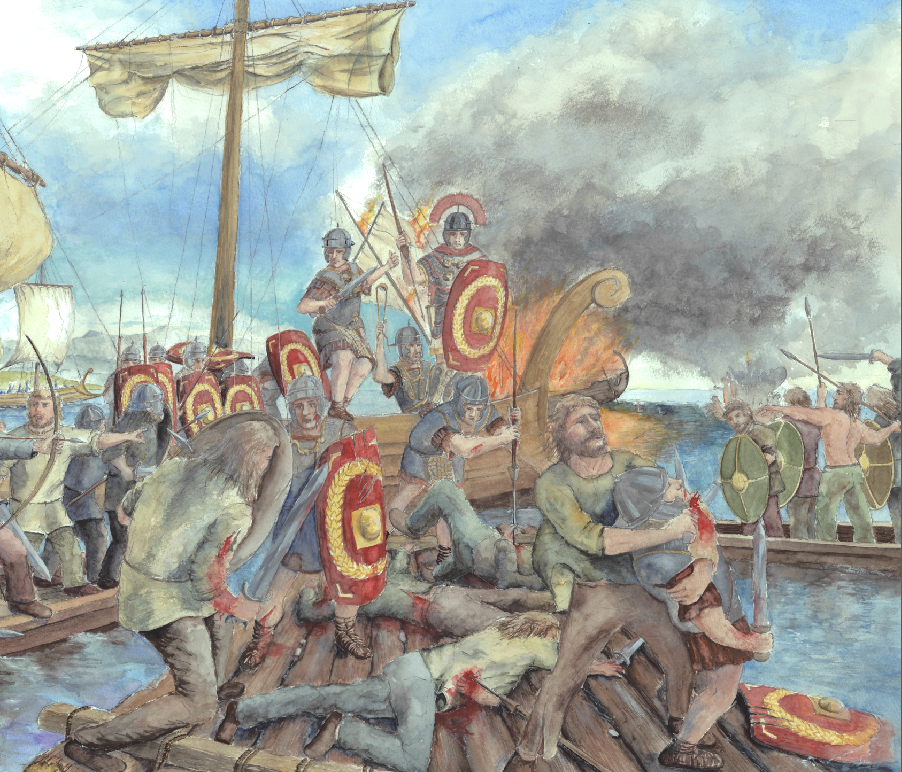 Die Seeschlacht zwischen Römern und Vindelikern (Kelten) 15 v. Chr. auf dem Bodensee – visualisiert von Roland Gäfgen. (Bild: Bilder PD) 