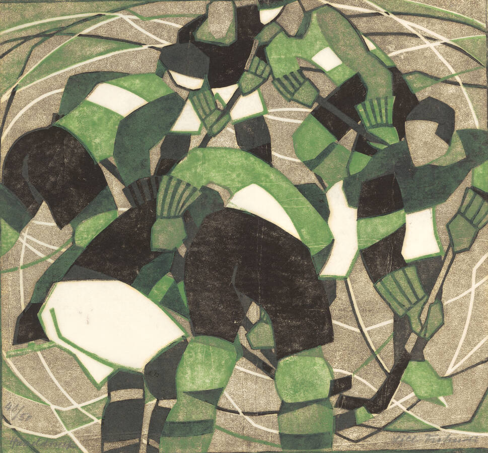 Lill Tschudi, Eishockey, 1933, Linolschnitt,