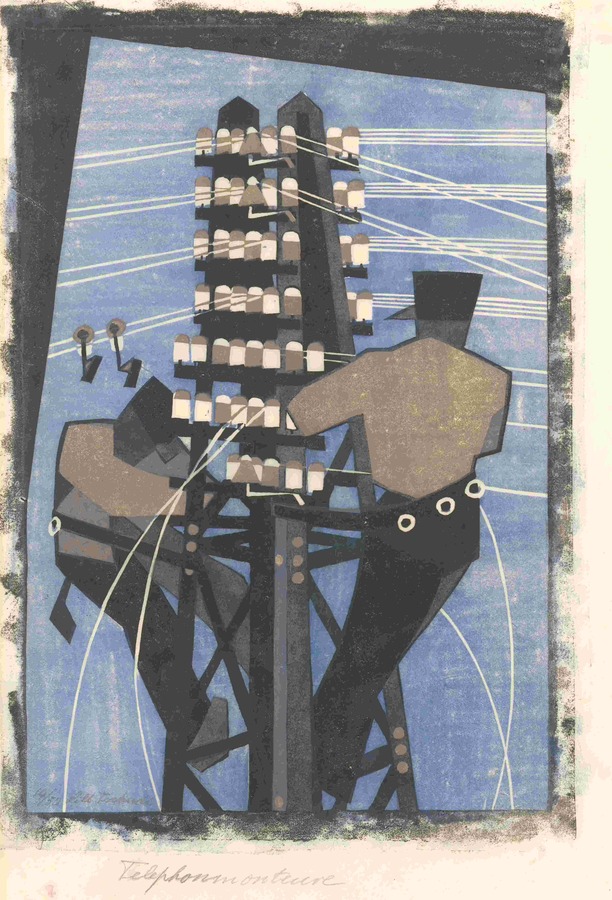 Lill Tschudi, Telephonmonteure, 1932, Graphische Sammlung ETH Zürich © Nachlass der Künstlerin