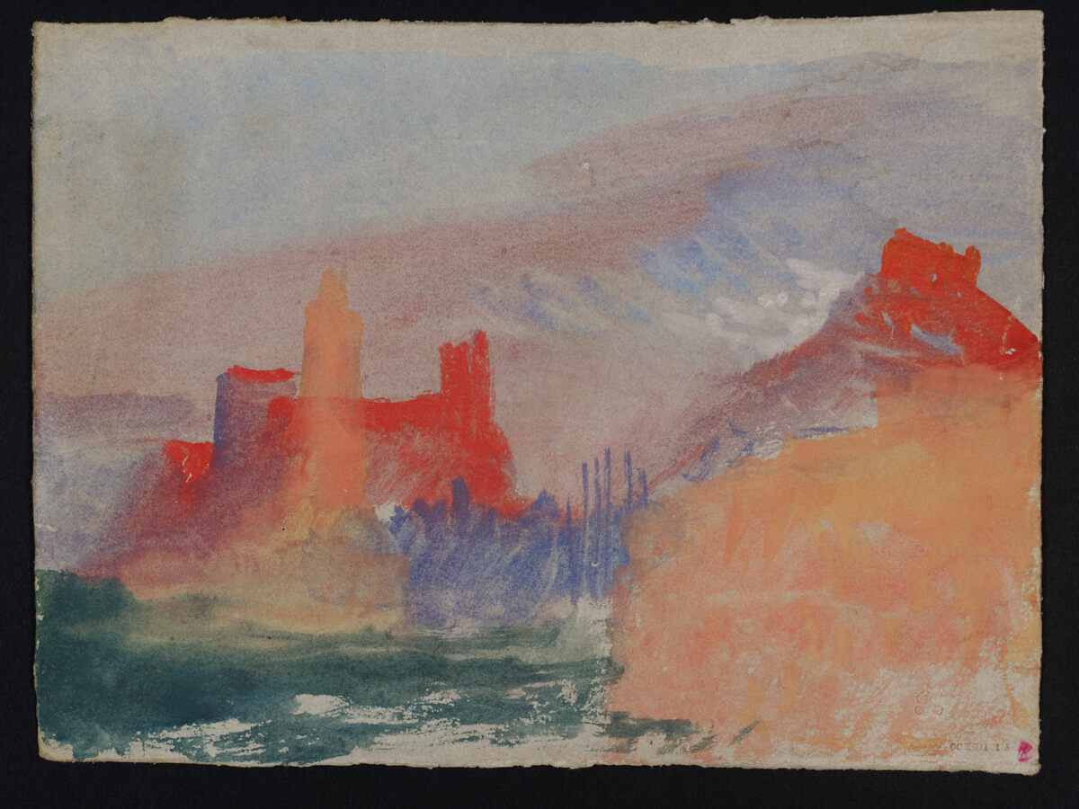 Coastal Terrain and Buildings, South of France or Italy (?), Küstenlandschaft und Gebäude, Südfrankreich oder Süditalien (?), ca. 1834, Joseph Mallord William Turner (1775-1851). Tate: Accepted by the nation as part of the Turner Bequest 1856 © Photo, Foto Tate