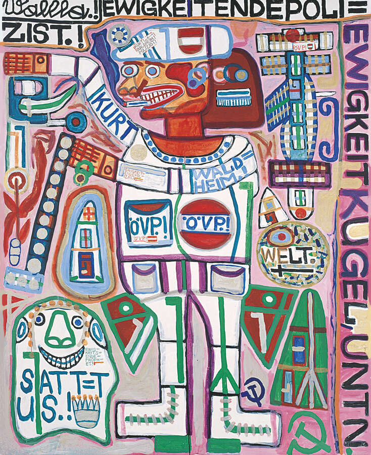 August Walla, Ewigkeitendepolizist.!, 1988, Acryl auf Leinwand, Papier aufgeklebt, Farbstifte, Albertina, Wien – Familiensammlung Haselsteiner © ART BRUT KG