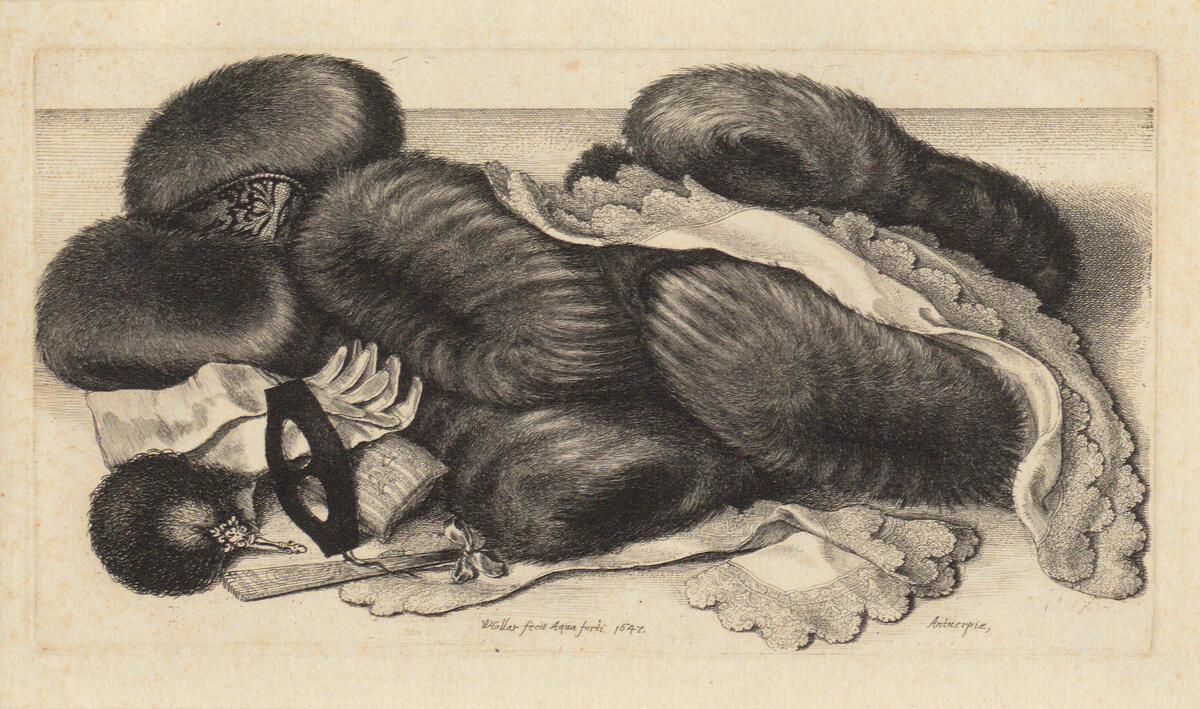 Wenzel Hollar (1607–1677), Stillleben mit Gruppe von Muffen, Halstücher, Handschuhen und einer Maske, Blatt aus "Muffe", 1647, Radierung, 13 × 22 cm, Graphische Sammlung ETH Zürich