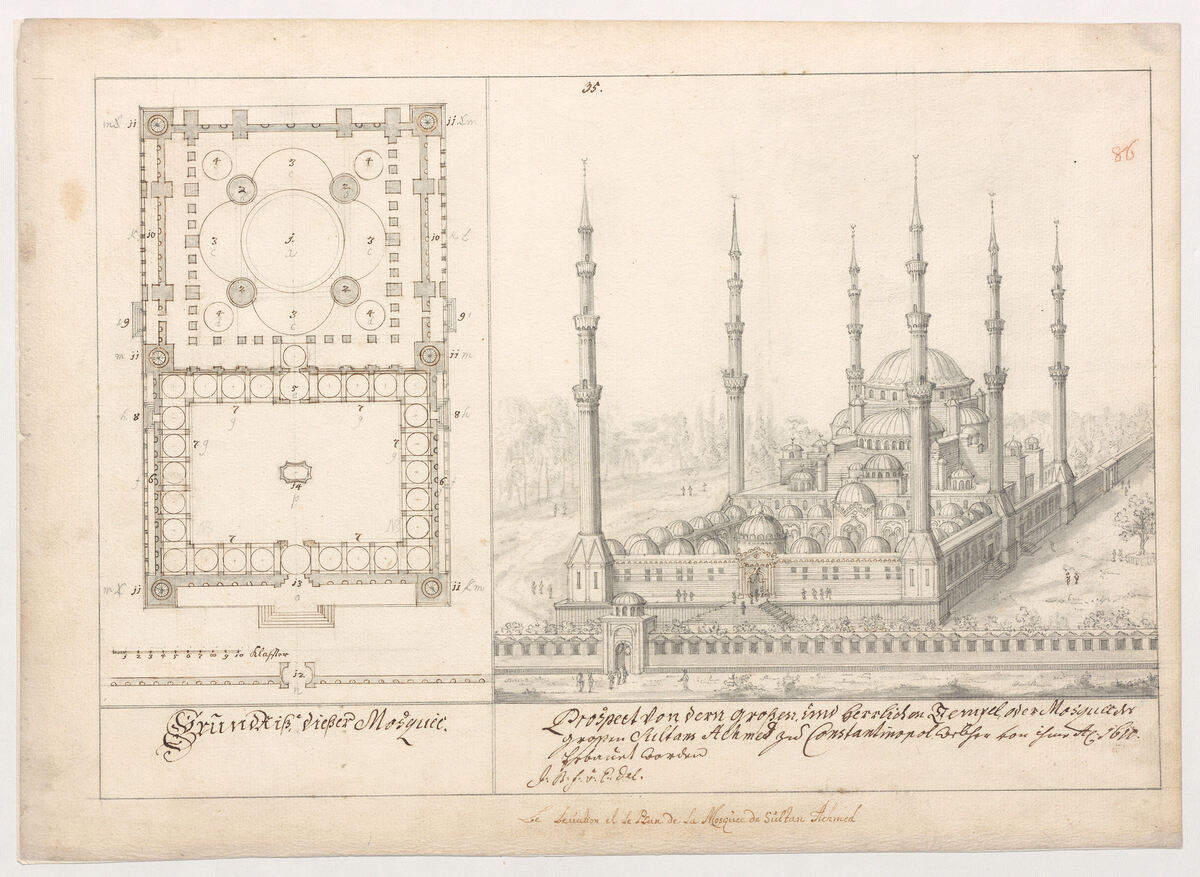 Johann Bernhard Fischer von Erlach, Die Sultan-Achmed-Moschee in Istanbul, vor 1712, Federzeichnung, National- und Universitätsbibliothek Zagreb © National- und Universitätsbibliothek Zagreb