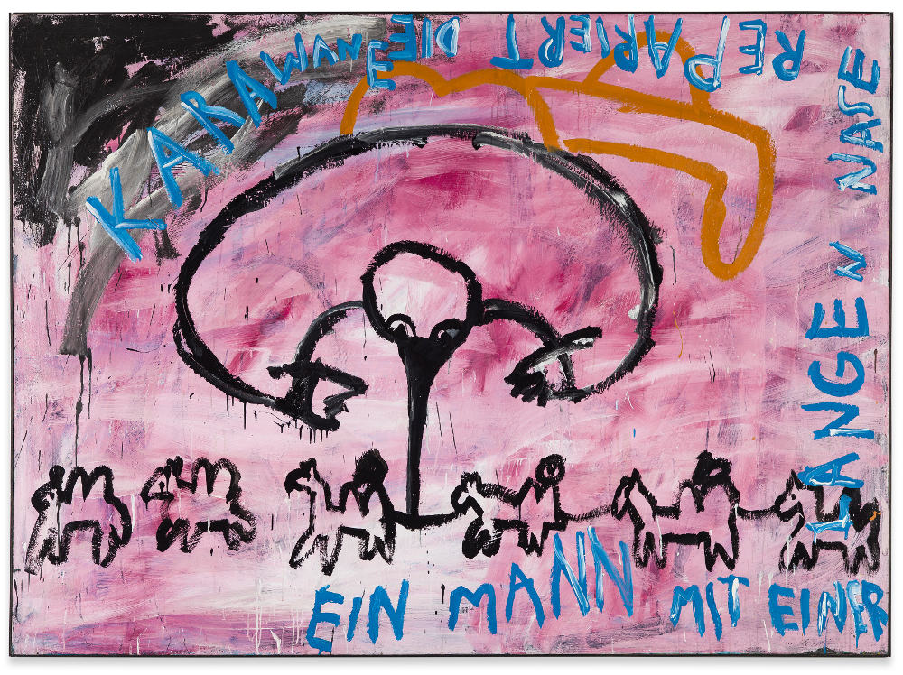 Walter Dahn: Ein Mann mit einer langen Nase repariert die Karawane, 1981. Dispersion auf Nessel, 160 x 220 cm; Copyright Walter Dahn, Sprüh Magers