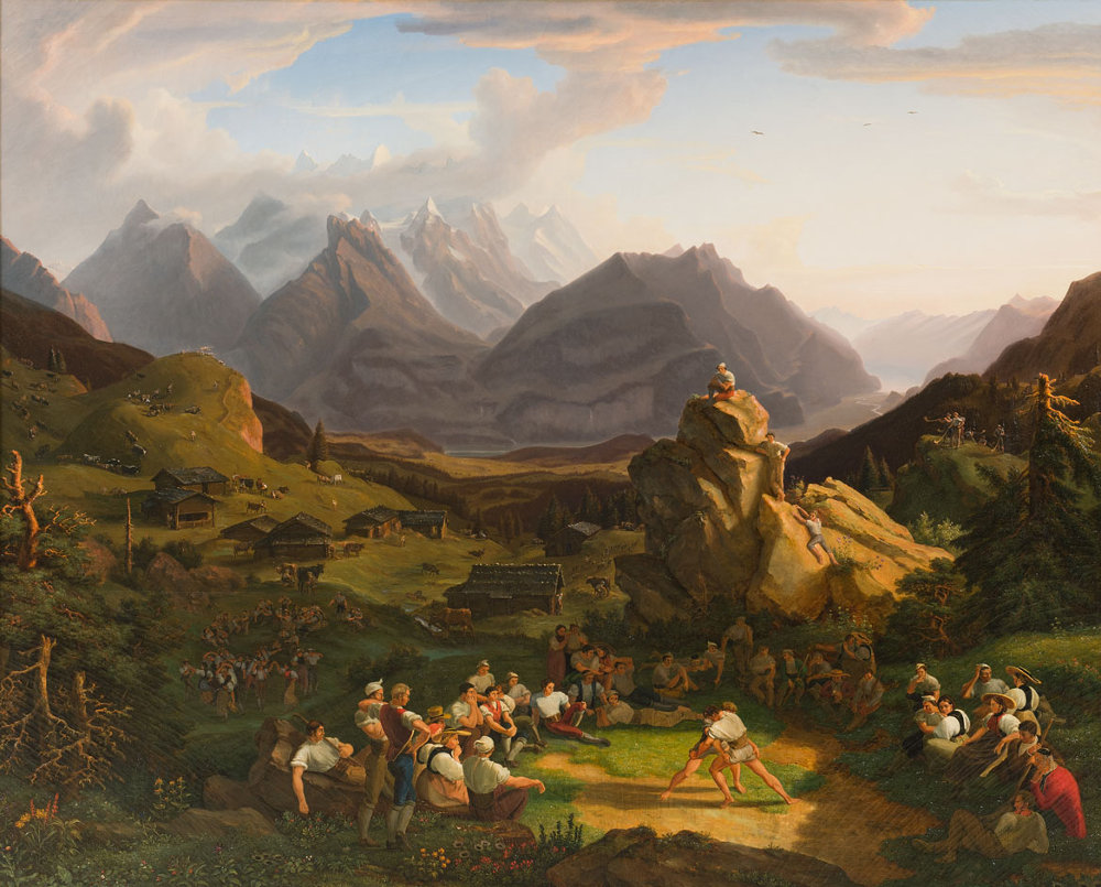 Jakob Christoph Miville: Schwingfest auf der Balisalp, 1822–24. Öl auf Leinwand, 191 ×239 cm; Privatsammlung Schweiz