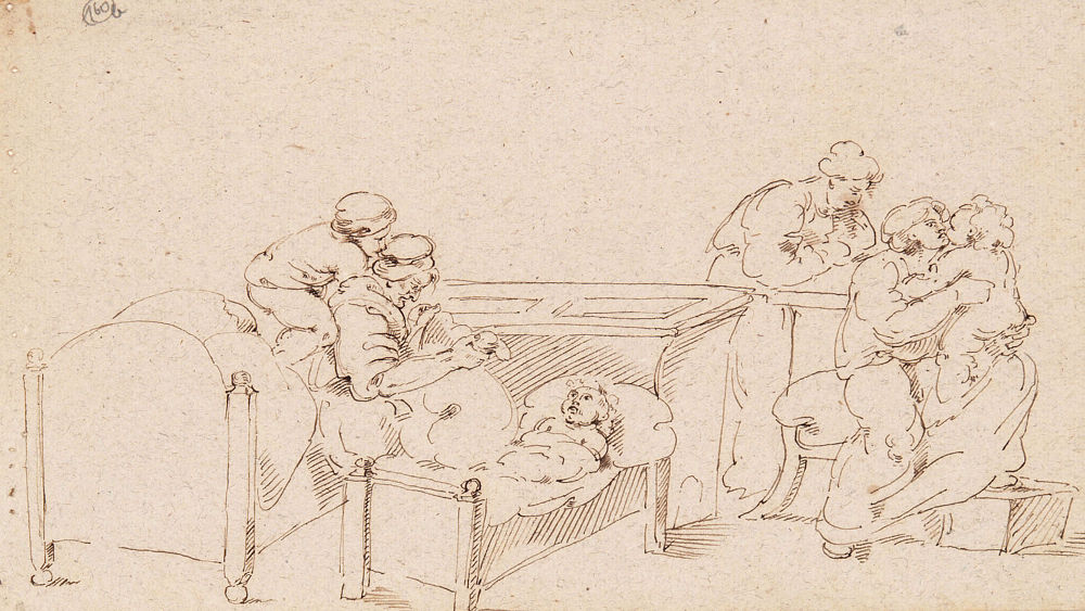 Clara Reinhard: Ohne Titel (Kinderpflege), um 1820. Braune Tusche auf Papier, 20 x 35.3 cm; Kunstmuseum Luzern