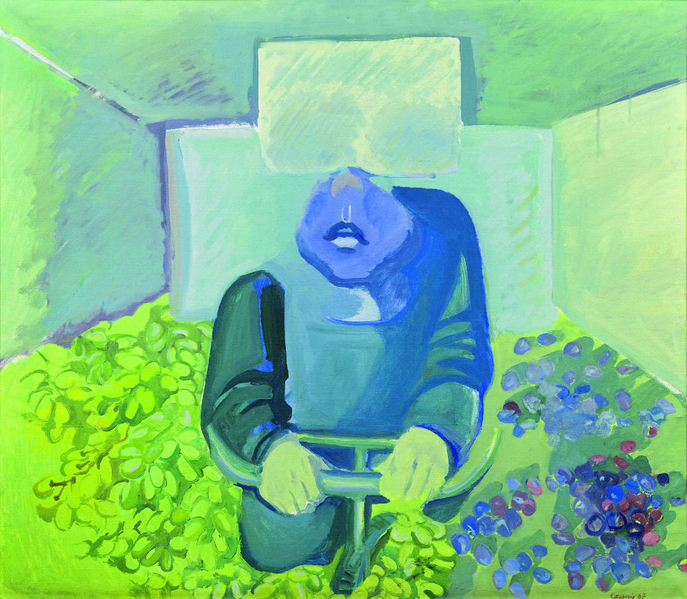 Maria Lassnig: Brettl vorm Kopf, 1967. Sammlung Klewan; © Maria Lassnig Stiftung