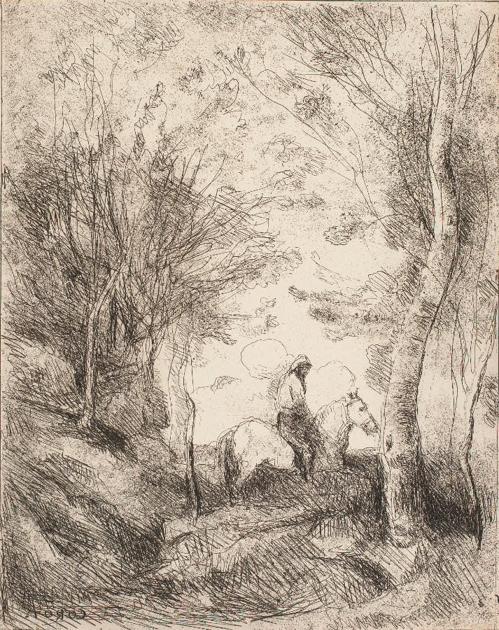 Jean-Baptiste Camille Corot: Le Grand Cavalier sous bois (Der große Reiter im Wald), 1854 (Abzug 1911/1913). Salzpapier, Cliché-verre; Münchner Stadtmuseum, Sammlung Fotografie