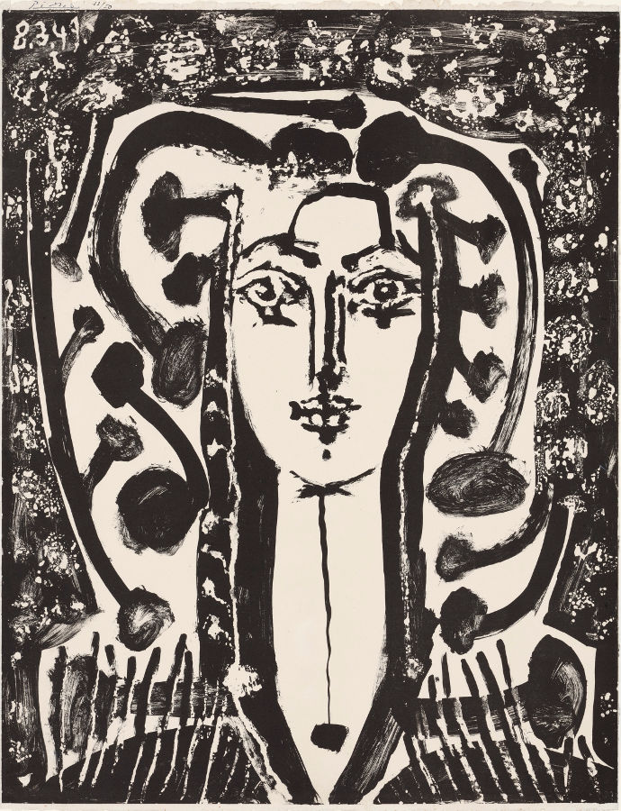 Pablo Picasso: Buste Modern Style, 1949. Pinsellithografie mit Gouache (Umdruck) auf Arches-Velinpapier, 65,5 x 49,8 cm (Blatt), 64,2 x 49,6 cm (Darstellung); Städel Museum, Frankfurt am Main, Graphische Sammlung. Foto: Städel Museum; © VG Bild-Kunst, Bonn 2019