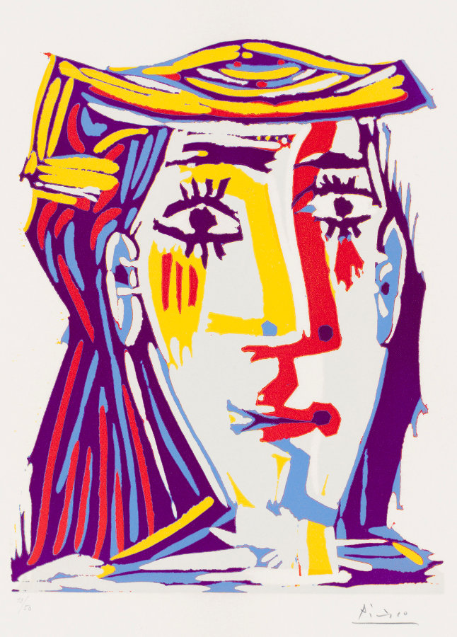 Pablo Picasso: Portrait de Jacqueline au chapeau de paille, 1962. Linolschnitt in fünf Farben von zwei Platten: Grau, Gelb, Rot, Hellblau und Violett auf Arches-Velinpapier, 62,6 x 44,4 cm (Blatt); Städel Museum, Frankfurt am Main, Graphische Sammlung. Foto: Städel Museum; © VG Bild-Kunst, Bonn 2019