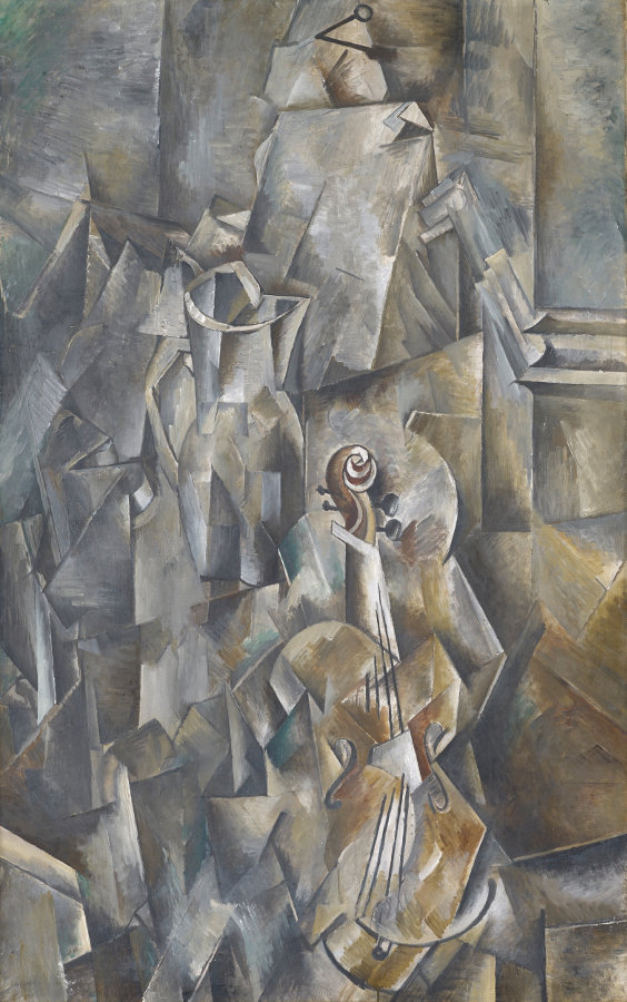 Georges Braque: Krug und Violine, 1909/1910. Öl auf Leinwand, 116.8 x 73.2 cm; Kunstmuseum Basel – Schenkung Dr. h.c. Raoul La Roche