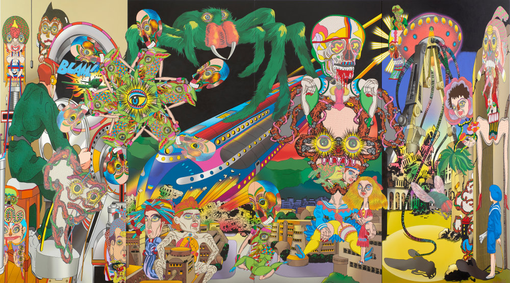 Keiichi Tanaami: Space Walking, 2018. Cut digital canvas print, ink, color pencil, acrylic paint, old magazine scrap on canvas, 220 × 400 cm; © Keiichi Tanaami, Courtesy of the artist and Nanzuka
