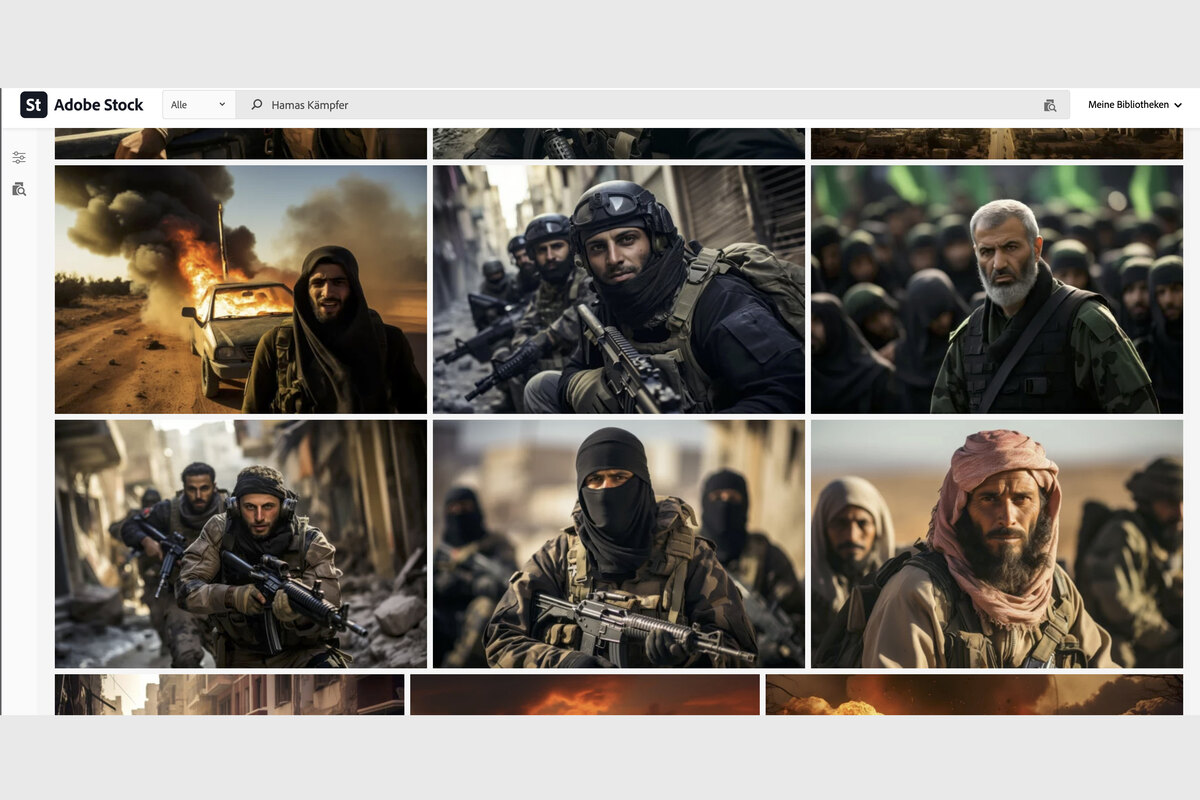 KI-Bilder in der Bilddatenbank Adobe Stock: Schlagworte wie "Gaza" oder "Hamas-Krieger" zeigen KI-Bilder, die gleichrangig mit echtem Fotomaterial angeboten werden