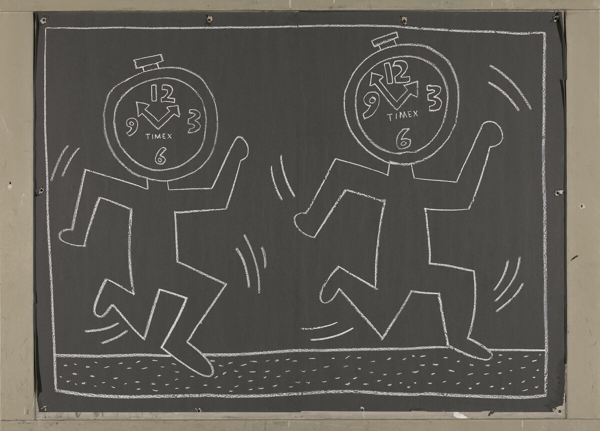 Keith Haring Subway Drawing, 1982/84, reide auf Papier in original U-Bahn-Rahmen aus glasfaserverstärktem Kunststoff 124,5 x 172 x ca. 2 cm, Udo und Anette Brandhorst Sammlung, © The Keith Haring Foundation. Foto: Haydar Koyupinar, Bayerische Staatsgemäldesammlungen, Museum Brandhorst, München