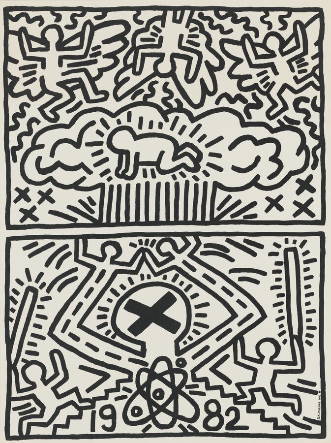 Keith Haring Plakat für nukleare Abrüstung, 1982, Offsetlithografie 84,46 x 59,37 cm, Udo und Anette Brandhorst Sammlung, © The Keith Haring Foundation Foto: Elisabeth Greil, Bayerische Staatsgemäldesammlungen, Museum Brandhorst, München