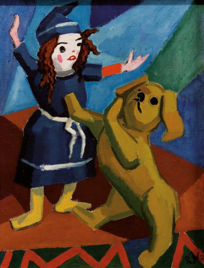 Rudolf Wacker, Stillleben mit Puppe und Hund, um
