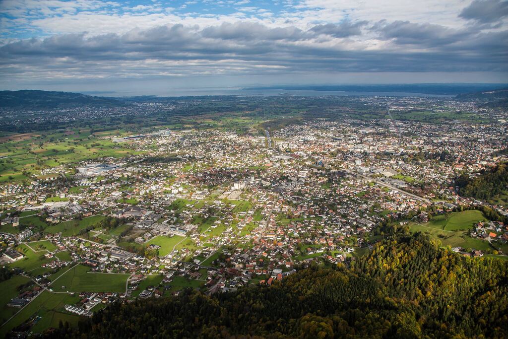 Stand der Zersiedelung im Rheintal, Luftbild von