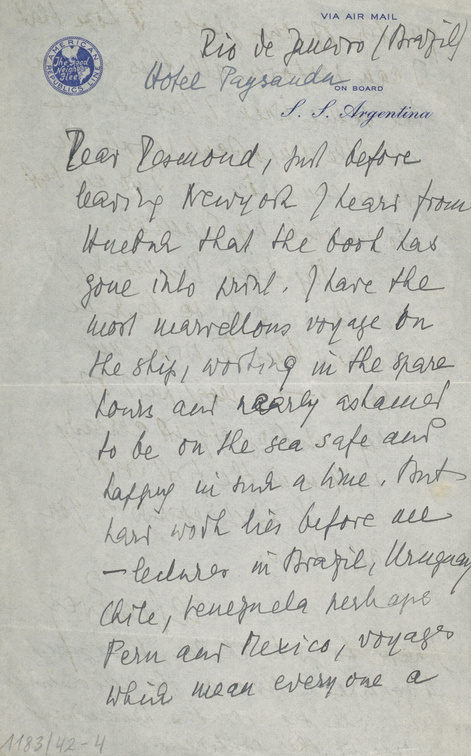 Brief von Stefan Zweig an seinen Londoner Verleger