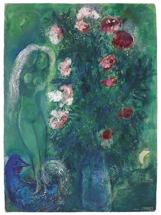 Chagall Mark - Nelkenstrauß mit Liebespaar in