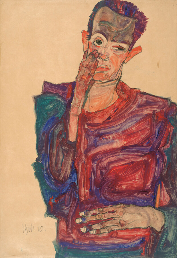 Egon Schiele, Selbstbildnis mit herabgezogenem