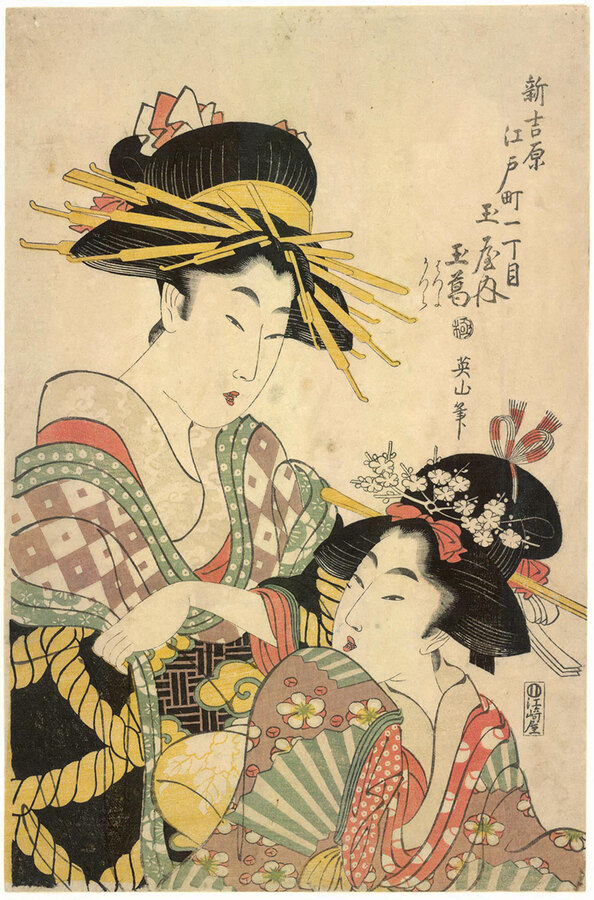 Kikugawa Eizan, Kurtisane Tamakazura, und kamuro