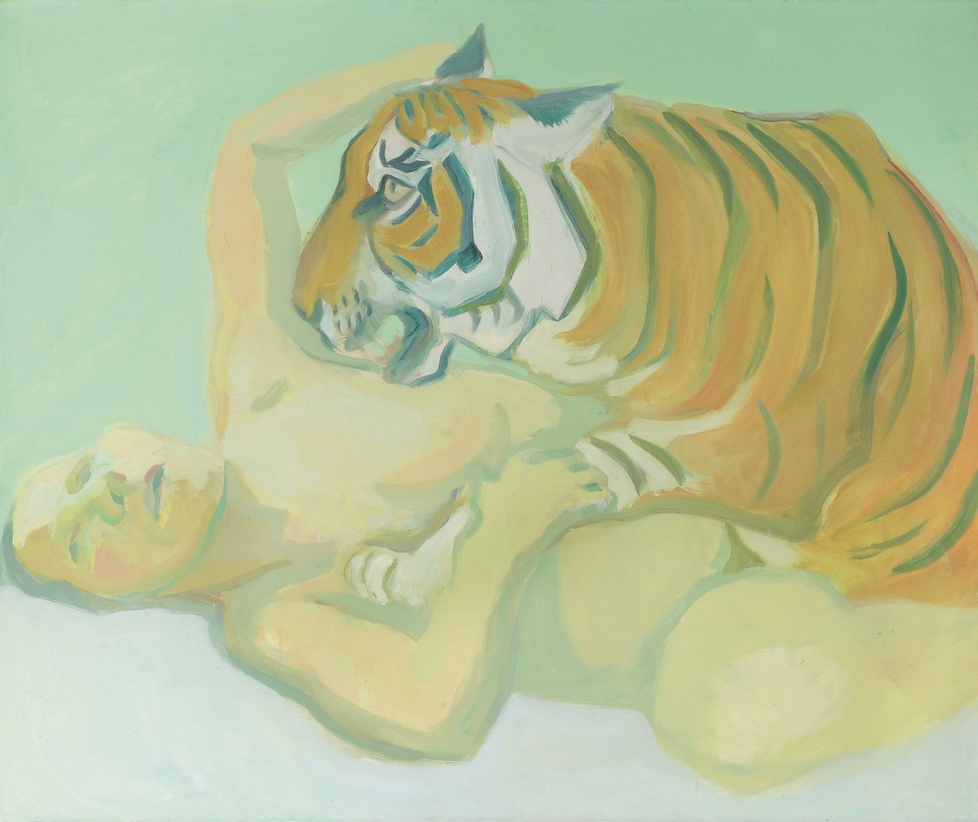 Maria Lassnig, Mit einem Tiger schlafen, 1975, 106