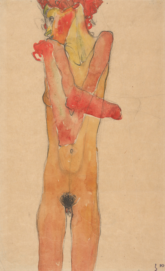 Egon Schiele, Mädchenakt mit verschränkten Armen, 1910, Schwarze Kreide, Pinsel, Aquarell, auf braunem Papier, Albertina, Wien