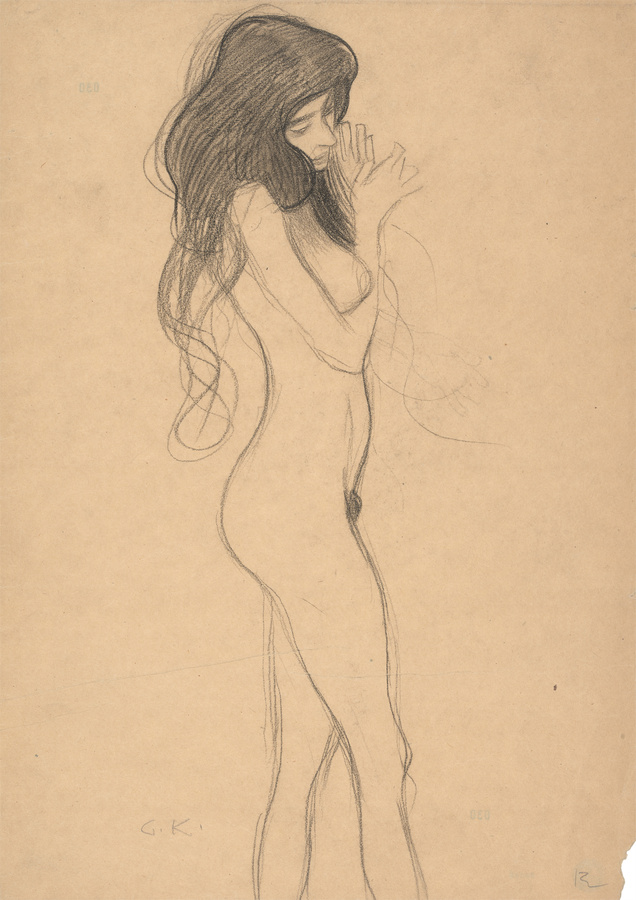 Gustav Klimt, Studie für die linke der „Drei Gorgonen“ im Beethovenfries, 1901, Schwarze Kreide, Albertina, Wien