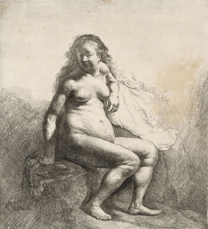 Rembrandt Harmensz. van Rijn, Nackte Frau auf einem Erdhügel sitzend, um 1631, Radierung und Kupferstich, Albertina, Wien