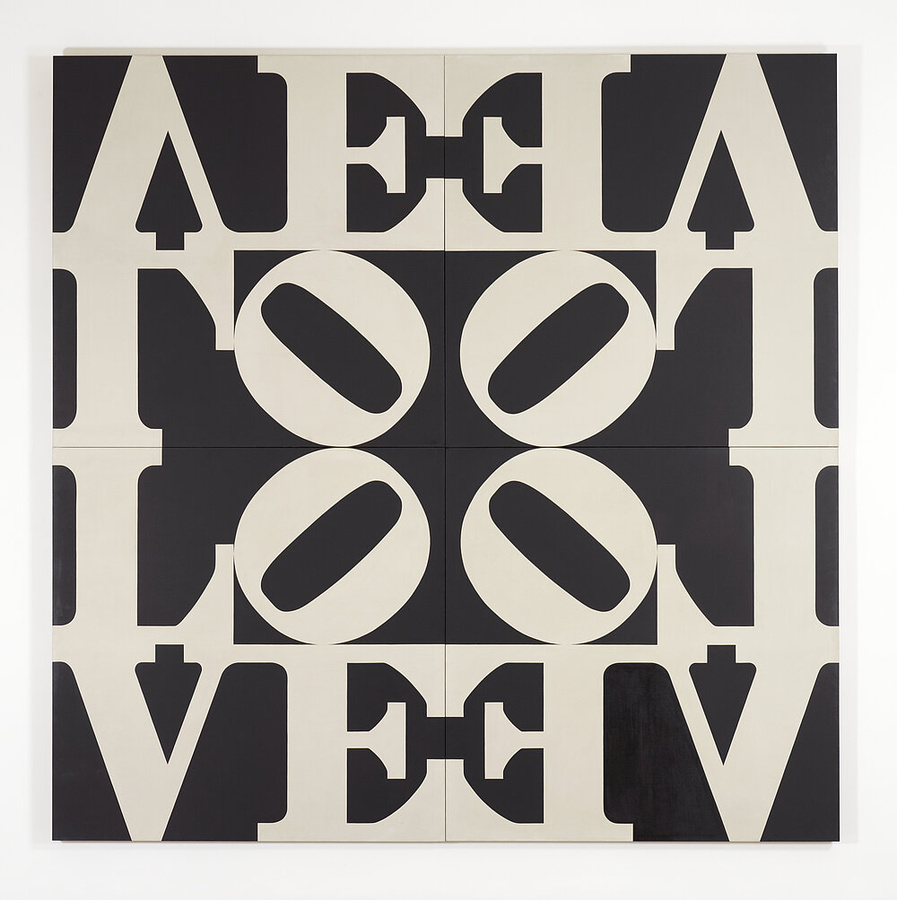 Robert Indiana, Love Rising / Black and White Love (For Martin Luther King), 1968, Acryl auf Leinwand, pro Tafel: 183 x 183 x 9 cm, Gesamt: 367 x 367 x 9 cm  mumok - Museum moderner Kunst Stiftung Ludwig Wien, Leihgabe der Österreichischen Ludwig-Stiftung, seit 1991  © Robert Indiana/Bildrecht, Wien 2024