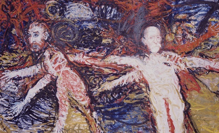 Adolf Frohner, Van Gogh & Cézanne versuchen zu fliegen, Öl auf Leinwand, 1998 © Adolf Frohner gemeinnützige Privatstiftung, Foto: Peter Böttcher 