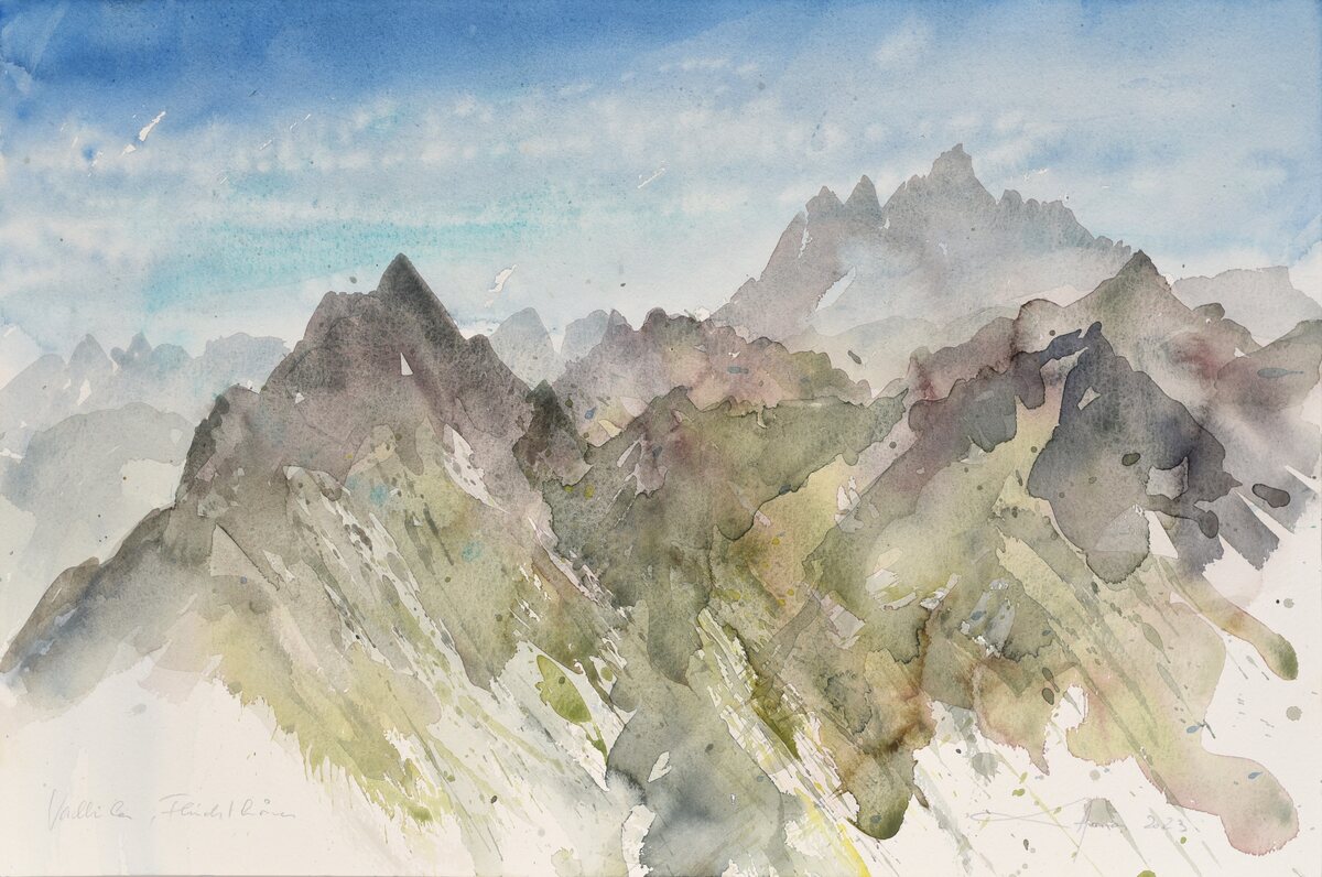 Roland Haas, „Vallüla bis Fluchthörner“, 2023, Aquarell, 30 x 45 cm © Roland Haas