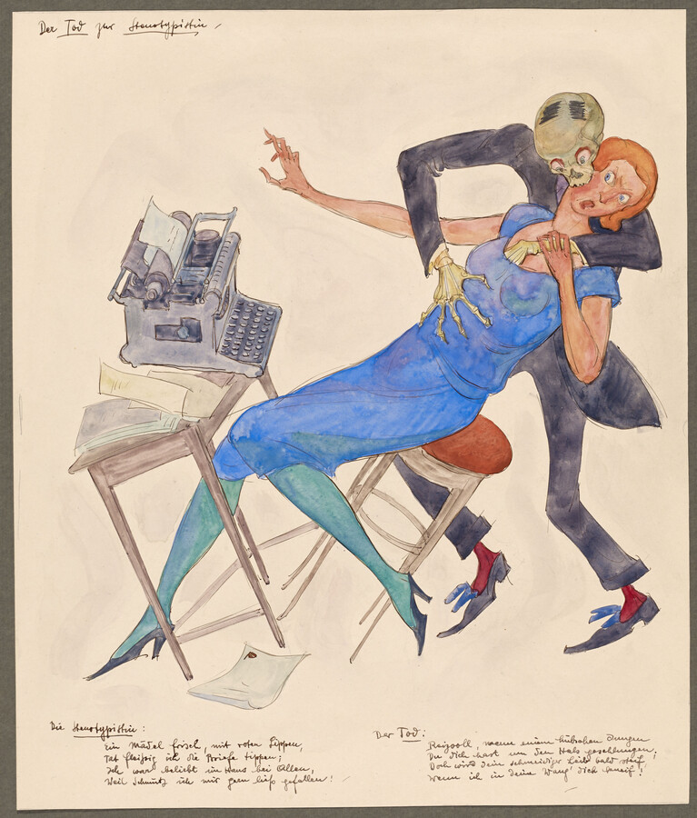 Otto Plattner, Der Tod zur Stenotypistin,  1920, Aquarell, Bleistift und Tusche auf Papier auf Karton, 38 x 32.1 cm, © Kunstmuseum Basel, Stiftung Im Obersteg, Depositum im Kunstmuseum Basel, Foto: Martin P. Bühler