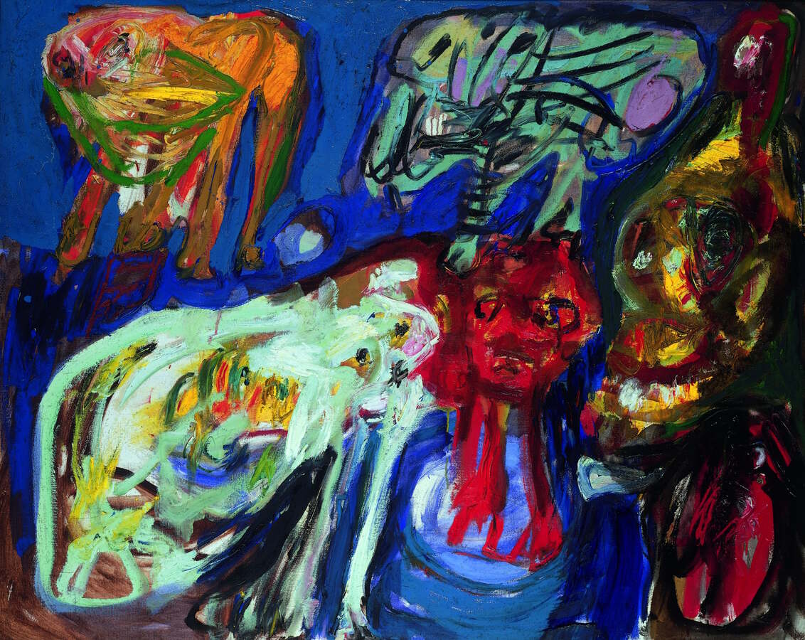 Asger Jorn, Eine CoBrA-Gruppe, 1964, Öl auf Leinwand, 132 x 162 cm, Sammlung Selinka, Kunstmuseum Ravensburg, © VG Bild-Kunst, Bonn 2023, Foto: Wynrich Zlomke