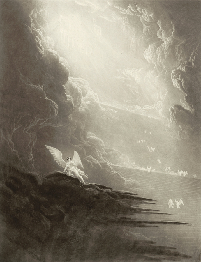 John Martin, "Luzifer betrachtet den Aufstieg zum Himmel", Illustration zu John Miltons "The Paradise Lost", Mezzotinto, 1825, 327 x 271 mm, Inv.-Nr. D 38526, Graphische Sammlung ETH Zürich