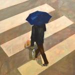 Lorenz Helfer: Fussgänger mit blauem Schirm, Öl